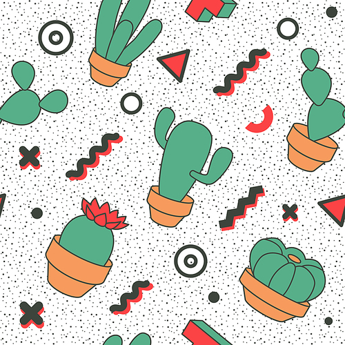 Memphis Seamless Pattern. Abstract Trendy Background Retro Style. Modern Poster, Card Design with Geometric Elements and Cactus. Vector illustration