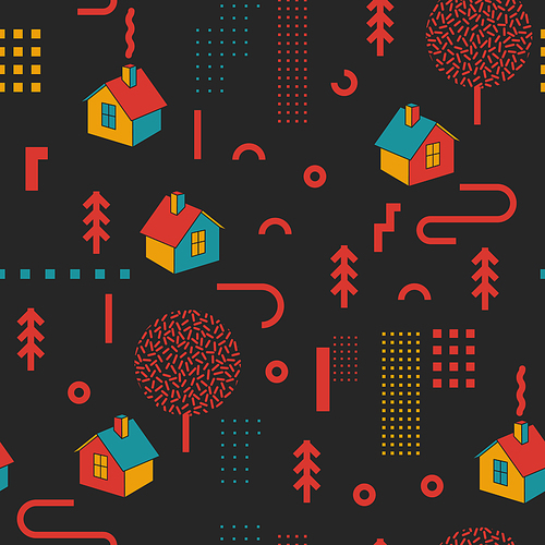 Vintage Memphis Style Geometric Fashion Seamless Pattern with Houses. Abstract Shapes Background for Textile, Posters, Cards, Cover. Vector illustration
