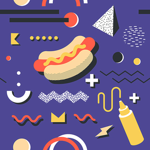 Memphis Seamless Pattern. Abstract Trendy Background Retro Style. Modern Poster, Card Design with Geometric Elements and Hotdog. Vector illustration