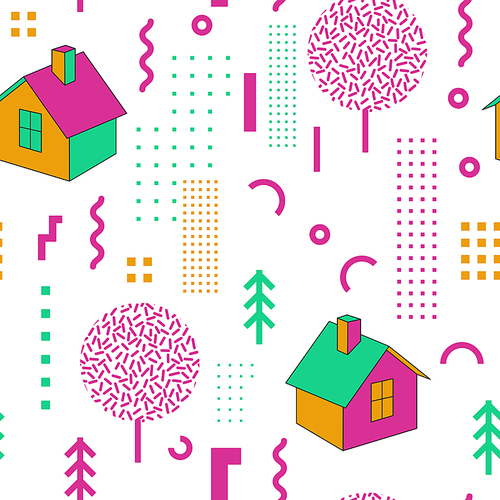 Vintage Memphis Style Geometric Fashion Seamless Pattern with Houses. Abstract Shapes Background for Textile, Posters, Cards, Cover. Vector illustration