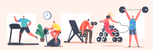 People Training in Gym. Sportsmen and Sportswomen Characters Run on Treadmill, Riding Bicycle, Workout with Barbell and Dumbbells, Jumping with Jump Rope, Sport Life. Cartoon Vector Illustration