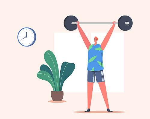 Happy Man Workout with Barbell. Sportsman Powerlifter Male Character in Sportswear Exercising with Weight. Bodybuilding Sport Activity, Healthy Lifestyle Concept. Cartoon People Vector Illustration