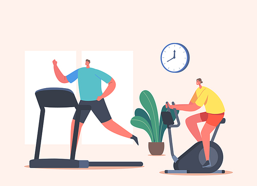 Woman and Man Characters Training in Gym on Exercise Bike and Treadmill. Sports Workout, Healthy People Doing Cardio Exercising in Fitness Club Sport Hobby Weight Loss. Cartoon Vector Illustration