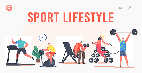 Sport Lifestyle Landing Page Template. People Training in Gym. Sportsmen and Sportswomen Characters Run on Treadmill, Riding Bicycle, Workout with Barbell and Jumping. Cartoon Vector Illustration