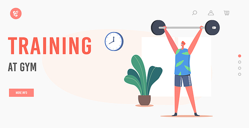 Training at Gym Landing Page Template. Man Workout with Barbell. Sportsman Powerlifter Male Character Exercising with Weight. Bodybuilding Sport Activity Healthy Lifestyle. Cartoon Vector Illustration