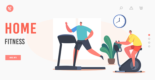 Home Fitness Landing Page Template. Woman and Man Characters Training in Gym on Exercise Bike and Treadmill. Sports Workout, Healthy People Doing Cardio Exercising in Club. Cartoon Vector Illustration