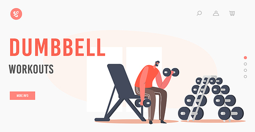 Dumbbells Workout Landing Page Template. Happy Man Training with Weight in Gym. Sportsman Powerlifter Male Character in Sportswear Bodybuilding Exercises, Sport Activity. Cartoon Vector Illustration