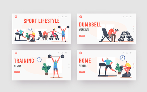 Sport Lifestyle Landing Page Template Set. People Training in Gym. Sportsmen and Sportswomen Characters Run on Treadmill, Riding Bicycle, Workout with Barbell and Jumping. Cartoon Vector Illustration