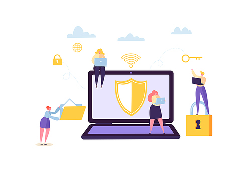 Data Protection Privacy Concept. Confidential and Safe Internet Technologies with Characters Using Computers and Mobile Gadgets. Network Security. Vector illustration