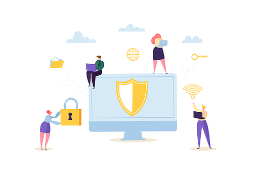 Data Protection Privacy Concept. Confidential and Safe Internet Technologies with Characters Using Computers and Mobile Gadgets. Network Security. Vector illustration