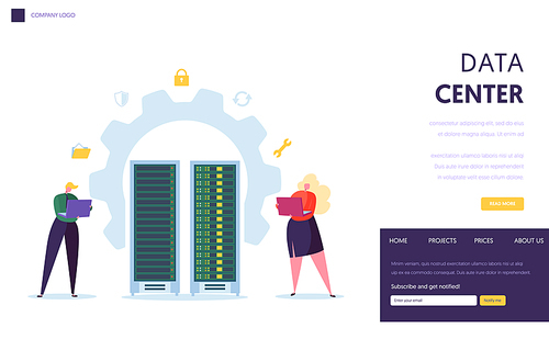 Data Center Server Staff Landing Page. Business Character Support Datacenter with Laptop Computer Database Hosting in Digital Cloud Infrastructure Website or Web Page. Flat Vector Illustration