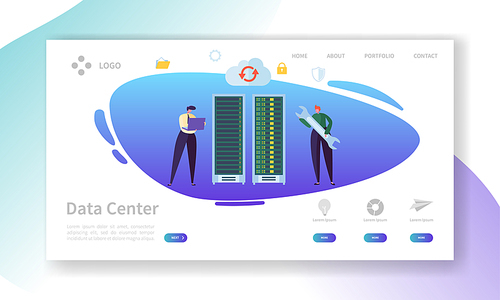 Data Center Server Repair Landing Page. Technician Character Support Professional Storage with Laptop. Database Hosting Hardware Infrastructure Website or Web Page. Flat Vector Illustration