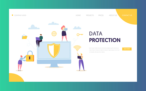 Internet Data Safety Network Landing Page. Business Information Digital Shield Technology Icon. Server Privacy Encryption Concept for Website or Web Page. Flat Vector Illustration
