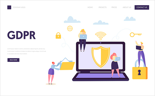 Web Data Internet Security Landing Page. Digital Information GDPR Technology Protection. Business Character Identification System Concept for Website or Web Page. Flat Character Vector Illustration