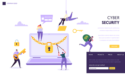 Internet Password Security Concept Landing Page. Man Steal Secure Finance Data from Laptop. Internet Hacker Attack Computer Protection Technology Website or Web Page. Flat Cartoon Vector Illustration