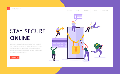 Phone Internet Payment Password Security Landing Page. Hacker Steal Finance Credit Card Data from Smartphone Screen. Money Credit Crack Protection Website or Web Page. Flat Cartoon Vector Illustration