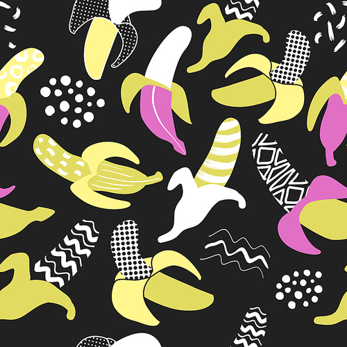 Memphis Seamless Pattern with Banana. Abstract Trendy Fabric Background with Hand Drawn Elements for Textile, Wrapping, Fashion Design. Vector illustration