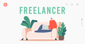 Freelancer Landing Page Template. Senior Relaxed Man Working on Laptop Sitting Cozy Couch. Freelance Outsourced Employee Occupation, Business, Online Virtual Communication. Cartoon Vector Illustration