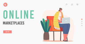 Online Marketplaces Landing Page Template. Relaxed Business Woman or Freelancer Working on Laptop Sitting on Chair Covered with Cozy Plaid. Freelance Outsourced Employee. Cartoon Vector Illustration