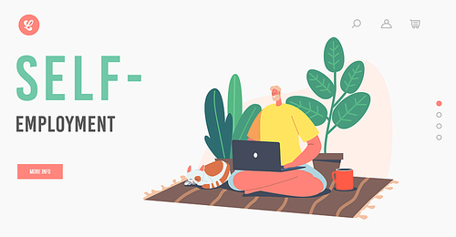 Self-employment Landing Page Template. Remote Freelance Work, Homeworking Place Concept. Man Freelancer Sitting on Floor in Yoga Pose with Cat and Coffee Cup Work Distant. Cartoon Vector Illustration