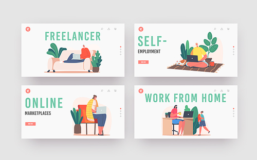 Freelance Self-employed Occupation Landing Page Template Set. Freelancers or Outsourced Workers Characters Working from Home on Pc. Remote Workplace, Homeworking. Cartoon People Vector Illustration