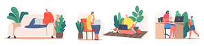 Freelance Self-employed Occupation Concept. Freelancers or Outsourced Workers Male Female Characters Working from Home on Computers. Remote Workplace, Homeworking. Cartoon People Vector Illustration