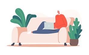 Senior Relaxed Man Freelancer Working on Laptop Sitting Cozy Couch. Freelance Outsourced Employee Occupation, Business Working Activity, Online Job, Virtual Communication. Cartoon Vector Illustration