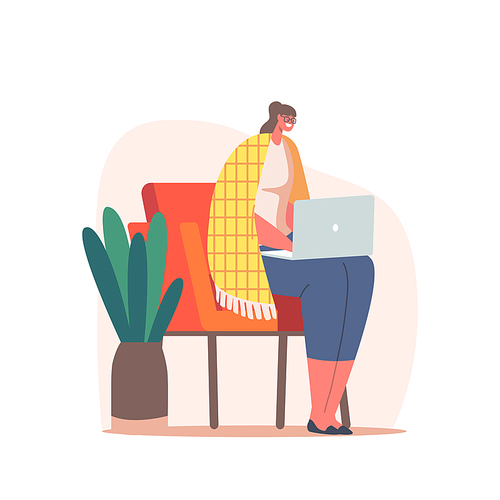 Relaxed Business Woman or Freelancer Working on Laptop Sitting on Chair Covered with Cozy Plaid. Freelance Outsourced Employee Occupation, Working Activity, Online Job. Cartoon Vector Illustration