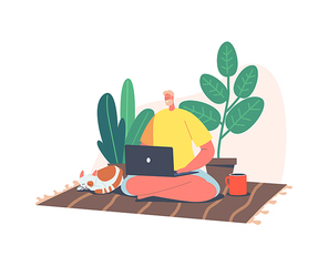 Remote Freelance Work, Homeworking Place Concept. Man Freelancer Sitting on Floor in Yoga Pose with Cat and Coffee Cup Working Distant on Laptop, Character Work at Home. Cartoon Vector Illustration