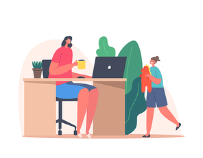 Mother Character Work from Home Office with Child Playing nearby. Remote Freelance Job Concept. Freelancer Woman Sitting at Desk with Coffee Cup Working on Laptop. Cartoon People Vector Illustration