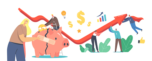 Economic Recovery Concept. Business People Characters Work Together Rising Arrow Graph Try to Survive during Global Crisis. Businesswoman Stick Patch on Broken Piggy Bank. Cartoon Vector Illustration