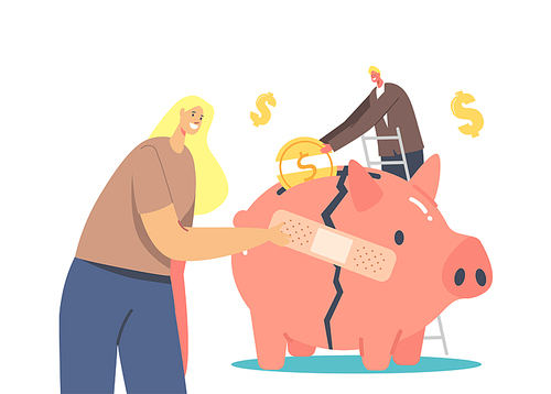 Economic Recovery Concept. Business People Characters Try to Survive during Global Crisis. Businesswoman Stick Patch on Broken Piggy Bank, Man Put Coin in Money Box. Cartoon Vector Illustration