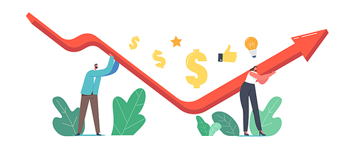 Economic Recovery, Revival Concept. Businessman and Businesswoman Characters Work Together Rising Up V Shaped Arrow Graph Trying to Survive during Global Crisis. Cartoon People Vector Illustration