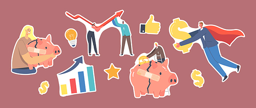 Set of Stickers Economic Recovery Theme. Businesswoman Character with Broken Piggy Bank, Businessman Rising Up V Shape Arrow Graph, Superhero with Golden Dollar. Cartoon People Vector Illustration