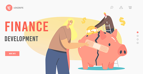 Finance Development Landing Page Template. Economic Recovery. Business People Characters Global Crisis. Woman Stick Patch on Broken Piggy Bank, Man Put Coin in Money Box. Cartoon Vector Illustration
