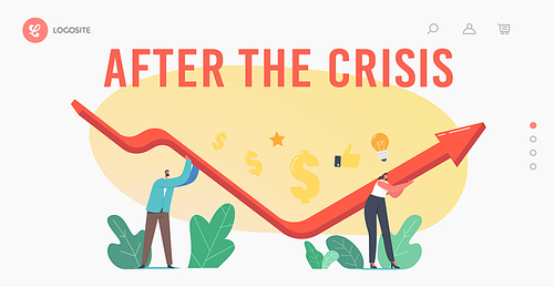 Economic Recovery, Revival after Crisis Landing Page Template. Business Characters Rising Up V Shaped Arrow Graph Trying to Survive during Global Crisis Impact. Cartoon People Vector Illustration