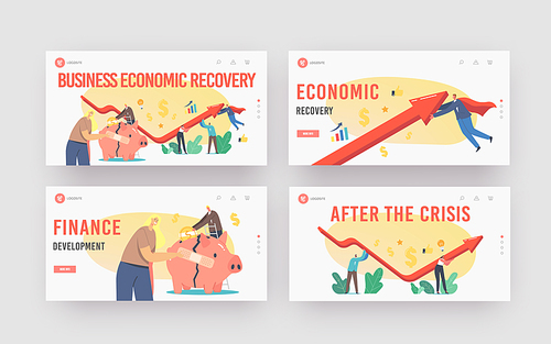 Economic Recovery Landing Page Template Set. Business People Characters Rising Arrow Try to Survive during Global Crisis. Businesswoman Stick Patch on Broken Piggy Bank. Cartoon Vector Illustration