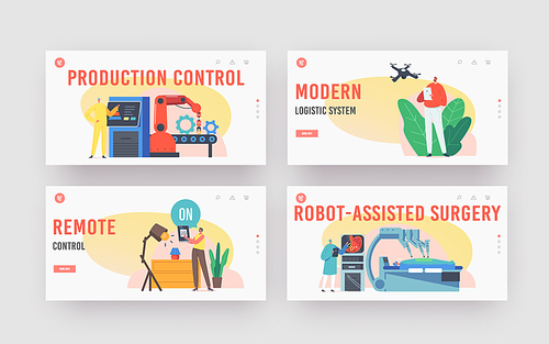 Characters Use Remote Control Landing Page Template Set. Doctor Conduct Patient Operation with Medical Robot Arms, Factory Automation, Man Navigate Drone Distantly. Cartoon People Vector Illustration