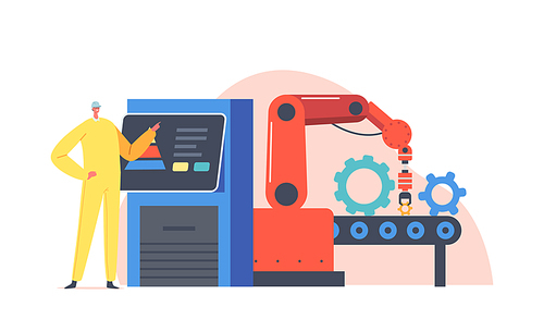 Remote Control on Plant, Conveyor Belt Smart Factory Workflow. Worker Character Control Robot Hand Work on Assemble Line, Production Manufacture Automation Process. Cartoon People Vector Illustration
