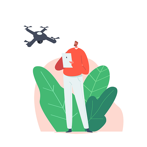 Young Man Watching and Navigating Flying Drone in Sky. Male Character Hold Tablet Pc with Remote Controller App while Quadcopter Fly. New Technologies, Innovations. Cartoon People Vector Illustration