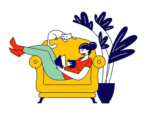 Reading Books Hobby. Young Woman Sitting on Cozy Armchair at Home Read Interesting Book with Cat Sleeping beside. Reader Deep Immersion to Fantasy World Cartoon Flat Vector Illustration, Line Art