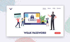 Account Protection Landing Page Template. Tiny Characters around Huge Laptop Work on Pc with Weak Password, Happy Robber, Woman with Pencil, Man with Bank Card. Cartoon People Vector Illustration