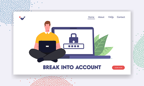 Personal Data Protection Landing Page Template. Male Character Sitting at Huge Laptop Working on Pc with Weak Password for Profile and Account in Internet Access. Cartoon People Vector Illustration