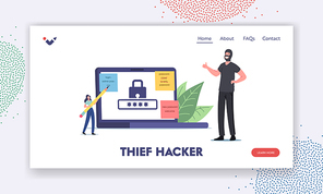 Thief Hacker Landing Page Template. Tiny Woman with Huge Pencil Writing Weak Password on Sticky Note Hang on Laptop Screen, Happy Robber Character Show Thumb Up. Cartoon People Vector Illustration