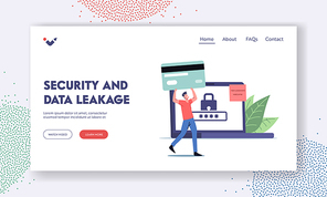 Security and Data Leakage Landing Page Template. Tiny Male Character with Huge Bank Card at Laptop with Padlock on Screen, Weak Password for Internet Account Access. Cartoon People Vector Illustration