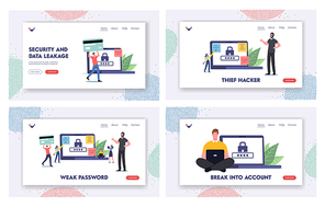 Account Protection Landing Page Template Set. Tiny Characters around Huge Laptop Work on Pc with Weak Password, Happy Robber, Woman with Pencil, Man with Bank Card. Cartoon People Vector Illustration