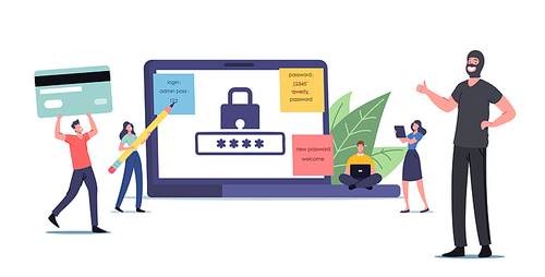 Account Protection Concept. Tiny Characters around Huge Laptop Work on Pc with Weak Password, Happy Robber Show Thumb Up. Woman with Pencil. Man with Bank Card. Cartoon People Vector Illustration