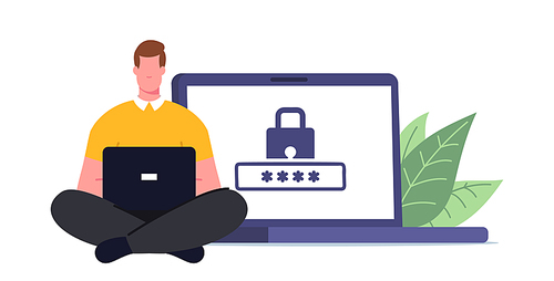 Male Character Sitting at Huge Laptop with Padlock on Screen Working on Pc with Weak Password for Profile and Account in Internet. Personal Data Protection Concept. Cartoon People Vector Illustration