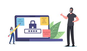 Data Protection. Tiny Woman with Huge Pencil in Hands Writing Weak Password on Sticky Note Hang on Laptop Screen with Padlock, Happy Robber Character Show Thumb Up. Cartoon People Vector Illustration