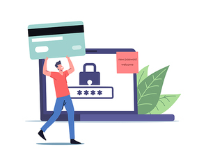 Personal Data Protection Concept. Tiny Male Character with Huge Bank Card at Laptop with Padlock on Screen and Weak Password for Internet Profile and Account Access. Cartoon People Vector Illustration